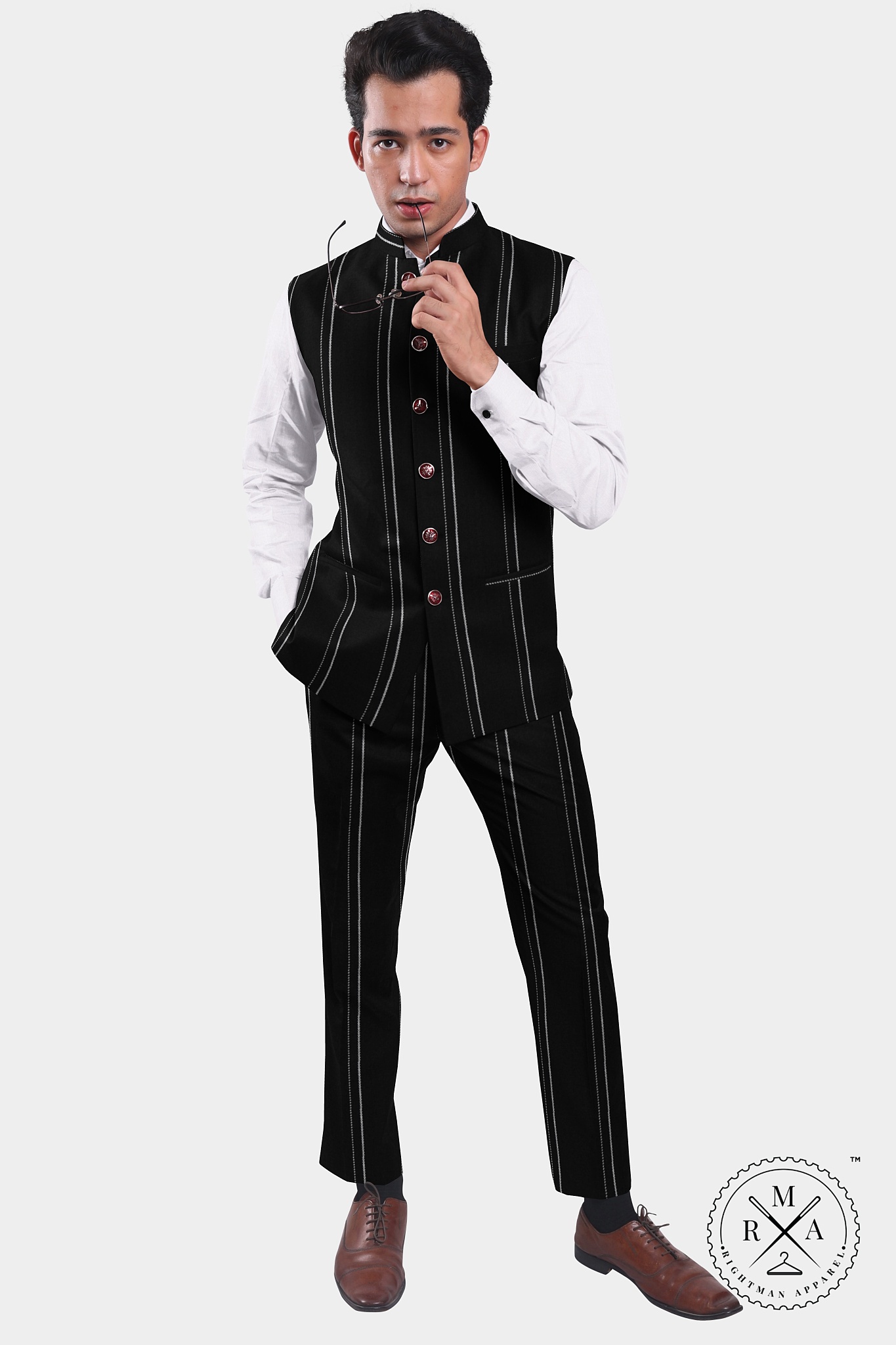 Solid Black Half Jacket With White Pinstripes SU61